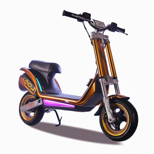 in a cartoon style, lightning bolts drawn on the scooter no saddle, no headlights, neon lights under, lots of colors like a tuning car, an exhaust at the back with flames coming out of it. No background, 4K