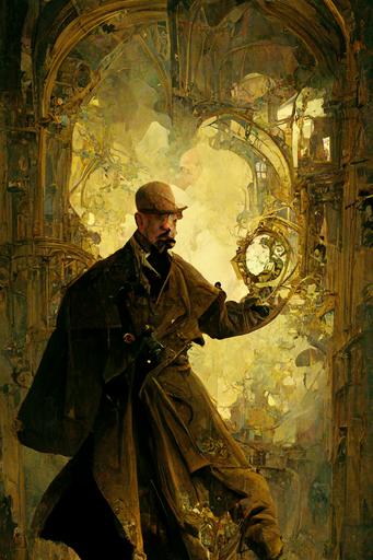 in a classic Sherlock Holmes costume,he's bald with a goatee, character, he looks confident, hero composition, intricately detailed, dramatic combat pose, Octane Render, Unreal Engine 5, low angle, watercolor in the style of ashley wood, surrounded with an intricately patterned golden art nouveau frame --ar 2:3 --s 2500