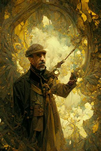 in a classic Sherlock Holmes costume,he's bald with a goatee, character, he looks confident, hero composition, intricately detailed, dramatic combat pose, Octane Render, Unreal Engine 5, low angle, watercolor in the style of ashley wood, surrounded with an intricately patterned golden art nouveau frame --ar 2:3 --s 2500