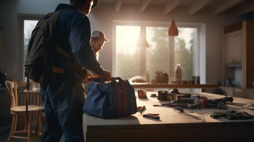 in a construction room of an unfinished house, a bosch construction worker is taking over a bag of tools from another worker, at dusk,documentary quality, photorealistic --ar 16:9 --style raw