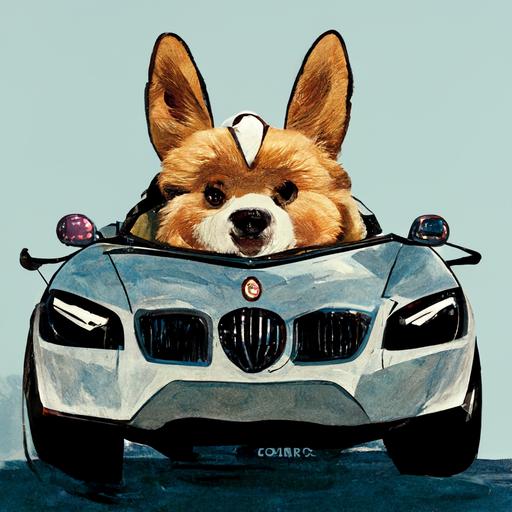 Ronaldo in a corgi dog costume rides in a bmw convertible