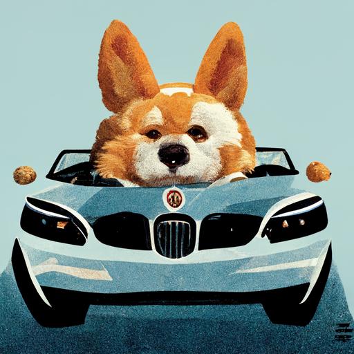 Ronaldo in a corgi dog costume rides in a bmw convertible