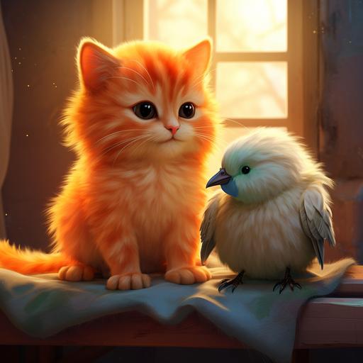 in a cozy little house, two best friends shared an unbreakable bond. a friendly and affectionate orange color cat, and a charming lovebird, were inseparable. bright and high-quality picture for kids story book.