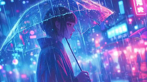 in a cyberpunk city, raining, raining, young woman with an umbrella, neon lights, pink & blue tone, 8k, high quality --niji 6 --ar 16:9