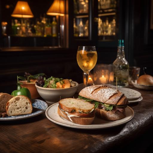 in a dark cosy bar with a table with a bottle of prosecco and a glass of a prosecco and a fancy gin and tonic, and small selection of bread roll sandwiches --v 5