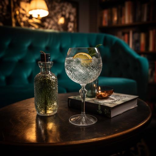 in a dark cosy bar with a table with a bottle of prosecco and a glass of a prosecco and a fancy gin and tonic --v 5