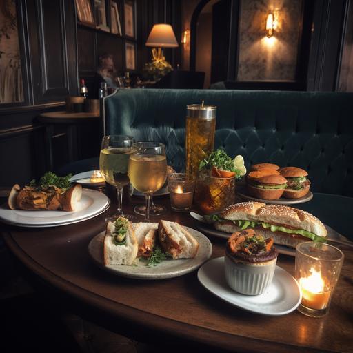 in a dark cosy bar with a table with a bottle of prosecco and a glass of a prosecco and a fancy gin and tonic, and small selection of bread roll sandwiches --v 5