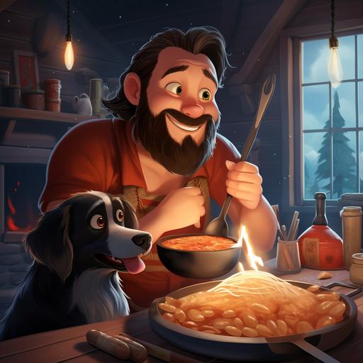 in a disney pixar style create a white guy with a long necklace black pearl around the neck. The guy is cooking pasta and a tomato sauce with sausice. The guy is a long beard and a black hair. He is cooking with a black french bulldog. He is cooking inside a mountain chalet and we can see the snow beetween the window
