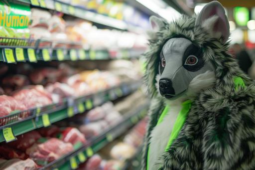 in a furry animal costume at a grocery store meat aisle 