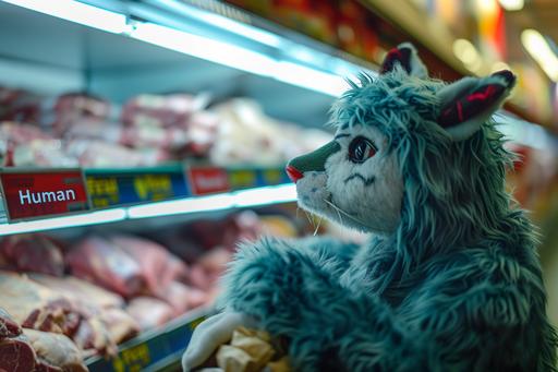 in a furry animal costume at a grocery store meat aisle 