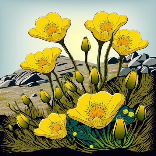 in a modern kiwi cartoon style six yellow flowers bloom in a meadow