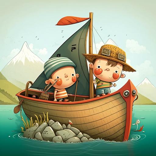 in a modern kiwi cartoon style two brothers build a boat for a kids book, target audience is ages 2 to 6 years old