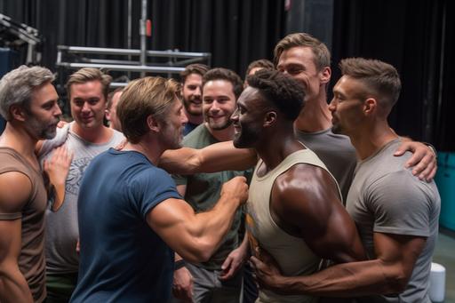 in a private off stage space at a sports conference, in the foreground two handsome gay men kiss on the lips, while in the background a group of happy hunky male muscular lean gay bodybuilders in tight short shorts hug, --ar 3:2 --upbeta --v 5 --q 2 --s 250