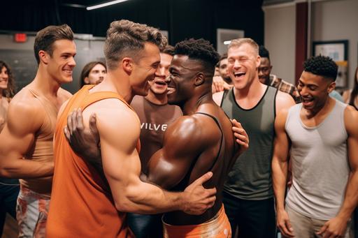 in a private off stage space at a sports conference, in the foreground two handsome gay men kiss on the lips, while in the background a group of happy hunky male muscular lean gay bodybuilders in tight short shorts hug, --ar 3:2 --upbeta --v 5 --q 2 --s 250