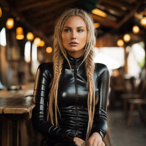 in a shiny black pvc catsuit with thick blonde dreadlocks --v 5.2 --s 250