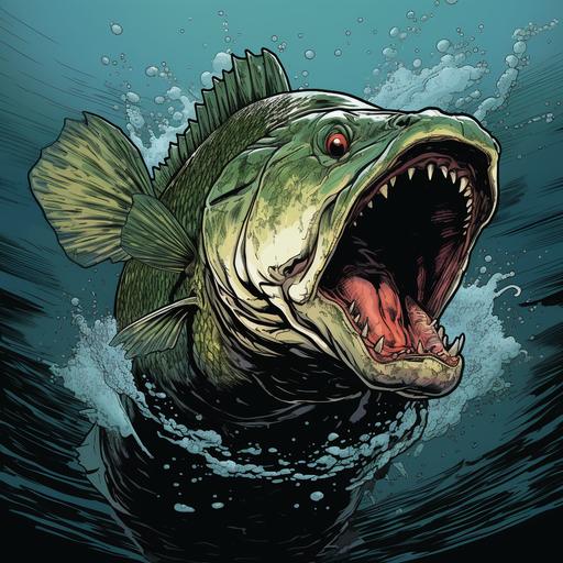 in a simple, 2 color comic book style design a scary large mouth bass underwater in a pond, drawn in the styl of artist Jim lee