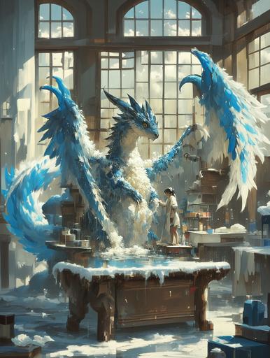 in a spacious and sunny pet toilet room, a woman groomer works on a uniquely fluffy blue dragon, whose fur is so dense and soft it seems to swallow the light. With each stroke of the brush, clouds of fluff billow into the air, settling like snowflakes around the salon. The dragon, with its large, curious eyes, follows each movement, a soft purring rumble emanating from its throat in contentment. In the style of the dynamic energy of Diane Arbus and the vibrant fantasy of Hayao Miyazaki. --ar 3:4 --s 750 --niji 6 --style raw