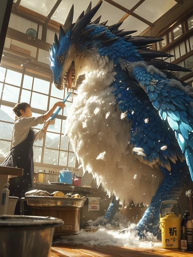 in a spacious and sunny pet toilet room, a woman groomer works on a uniquely fluffy blue dragon, whose fur is so dense and soft it seems to swallow the light. With each stroke of the brush, clouds of fluff billow into the air, settling like snowflakes around the salon. The dragon, with its large, curious eyes, follows each movement, a soft purring rumble emanating from its throat in contentment. In the style of the dynamic energy of Diane Arbus and the vibrant fantasy of Hayao Miyazaki. --ar 3:4 --s 250 --niji 6 --style raw