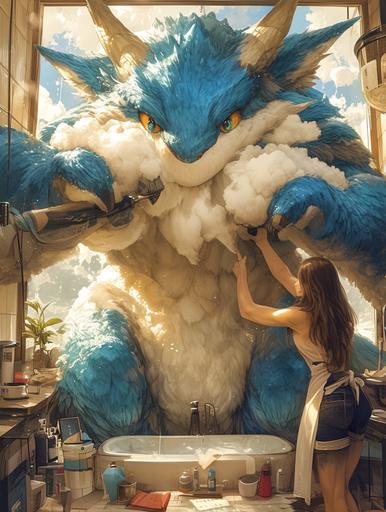 in a spacious and sunny pet toilet room, a woman groomer works on a uniquely fluffy blue dragon, whose fur is so dense and soft it seems to swallow the light. With each stroke of the brush, clouds of fluff billow into the air, settling like snowflakes around the salon. The dragon, with its large, curious eyes, follows each movement, a soft purring rumble emanating from its throat in contentment. In the style of the dynamic energy of Diane Arbus and the vibrant fantasy of Hayao Miyazaki. --ar 3:4 --s 750 --niji 6 --style raw