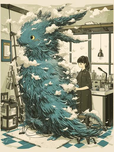 in a spacious and sunny pet toilet room, a woman groomer works on a uniquely fluffy blue dragon, whose fur is so dense and soft it seems to swallow the light. With each stroke of the brush, clouds of fluff billow into the air, settling like snowflakes around the salon. The dragon, with its large, curious eyes, follows each movement, a soft purring rumble emanating from its throat in contentment. In the style of the dynamic energy of Diane Arbus and the vibrant fantasy of Hayao Miyazaki. --ar 3:4 --s 250 --niji 6 --style raw