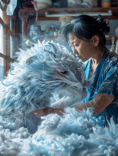 in a spacious and sunny pet toilet room, a woman groomer works on a uniquely fluffy blue dragon, whose fur is so dense and soft it seems to swallow the light. With each stroke of the brush, clouds of fluff billow into the air, settling like snowflakes around the salon. The dragon, with its large, curious eyes, follows each movement, a soft purring rumble emanating from its throat in contentment. In the style of the dynamic energy of Diane Arbus and the vibrant fantasy of Hayao Miyazaki. --ar 3:4 --v 6.0 --style raw --s 250