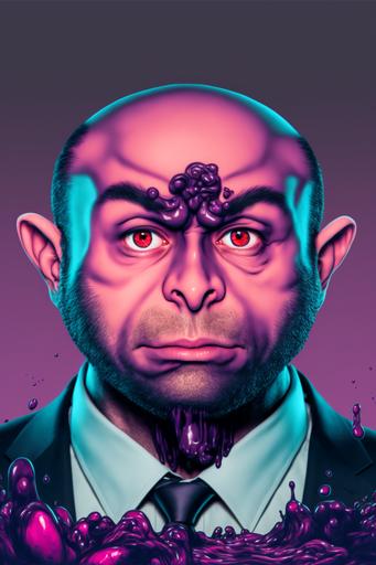 in a style of NFT character cartoon 3d monkey with face from image, venom in hell movie, floral shirt, character on center of the image,purple water background. --v 4 --ar 2:3