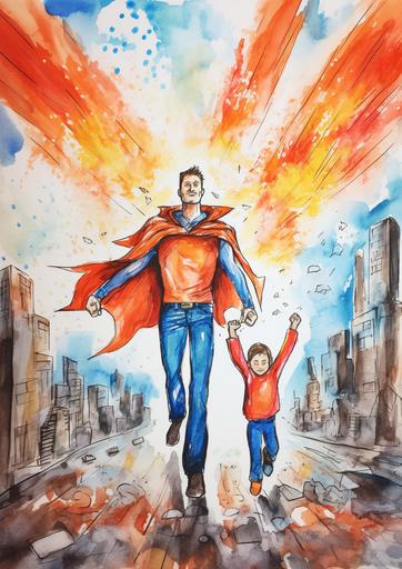 in a world of adventures, superhero dad preparing to save the world, comic book theme illustratation in crayons by a 5 year old --ar 5:7