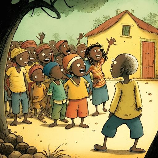 in an african village with entire tribe cheering and dancing, four friends standing together, happy giving hi-fives, wearing red, blue, green, or yellow outfits, crowd is cheering, boy in a blue shirt, girl in green dress, boy in yellow shirt, girl in red dress, teamwork, cheering, town is happy, storybook illustration art by maurice sendak use this image for background  --seed 2690214911