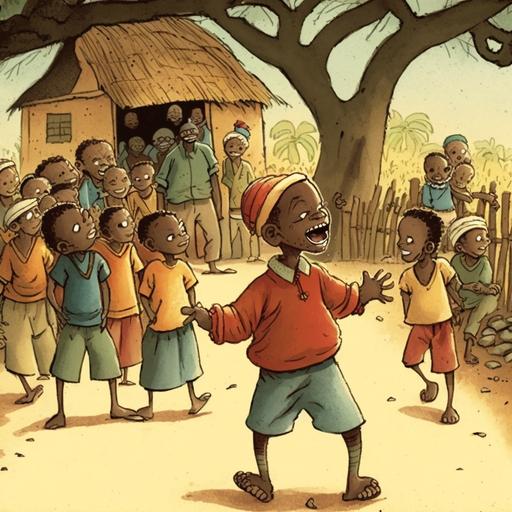 in an african village with entire tribe cheering and dancing, four friends standing together, happy giving hi-fives, wearing red, blue, green, or yellow outfits, crowd is cheering, boy in a blue shirt, girl in green dress, boy in yellow shirt, girl in red dress, teamwork, cheering, town is happy, storybook illustration art by maurice sendak use this image for background  --seed 2690214911