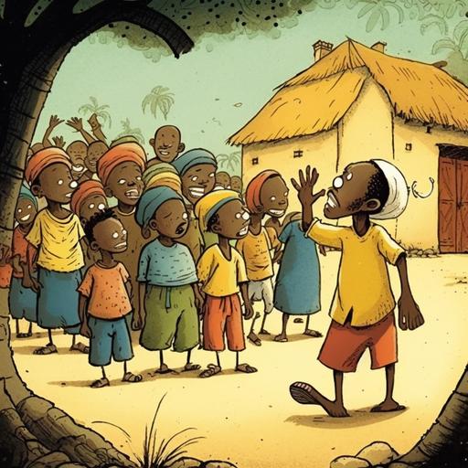 in an african village with entire tribe cheering four friends happy giving hi-fives, wearing red, blue, green, or yellow outfits, crowd is cheering, boy in a blue shirt, girl in green dress, boy in yellow shirt, girl in red dress, teamwork, cheering, town is happy, storybook illustration art by maurice sendak use this image for background  --seed 2690214911