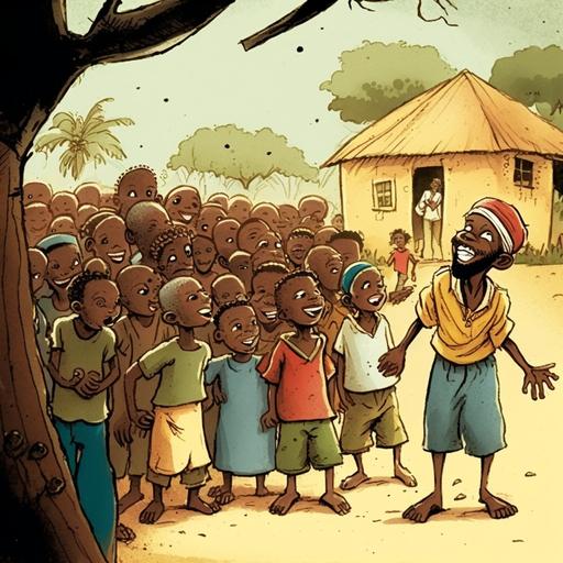 in an african village with entire tribe cheering four friends happy giving hi-fives, wearing red, blue, green, or yellow outfits, crowd is cheering, boy in a blue shirt, girl in green dress, boy in yellow shirt, girl in red dress, teamwork, cheering, town is happy, storybook illustration art by maurice sendak use this image for background  --seed 2690214911