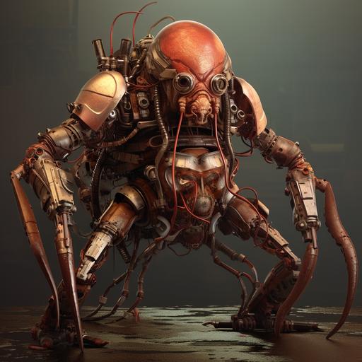 in an arachnoid exoskeleton made of copper and rusty iron. we see a small, wrinkled humanoid creature sitting atop the machine, with crimson skin and no hair. he wears a steam punk engineer's outfit his legs and hands are stunted. creature, steam punk, strange, machine, rust, detail,