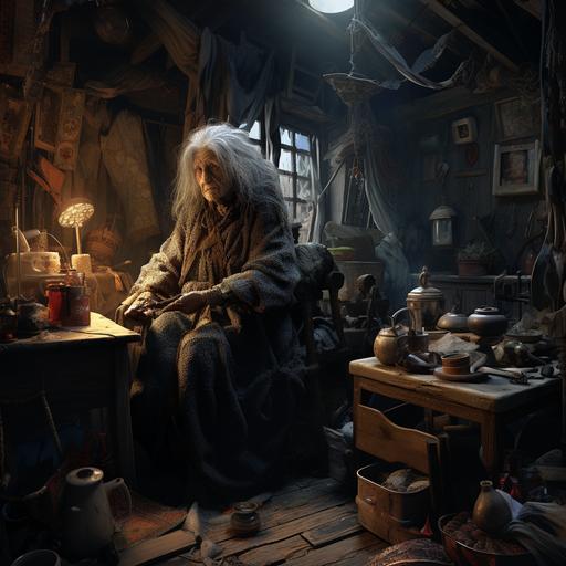 elderly female mage in a a ramshackle home with an unmade bed, an alchemist’s laboratory, a small stove, a coat rack, a table, a stool, a stuffed chair in poor condition, a wash basin, and a locked wooden sea chest