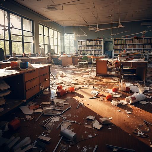 science clasroom in disarray with broken beakers, papers strewn across the floor and open cabinets