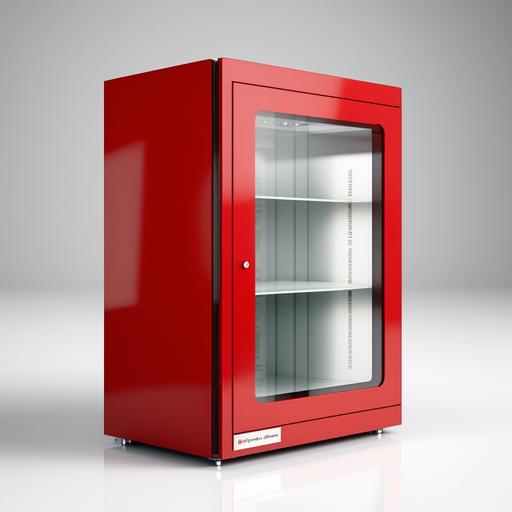 in case of emergency break glass cabinet, red with clear glass door, book inside modern and utilitarian, professional photo shoot, product photo, professional lighting, staged for catalog use, light background --q 2