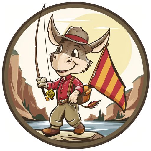 in circle logo , In a cartoon style, a donkey with Red and gold striped flag , flyfishing