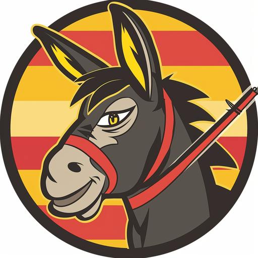 in circle logo , In a cartoon style, a donkey with Red and gold striped flag , flyfishing