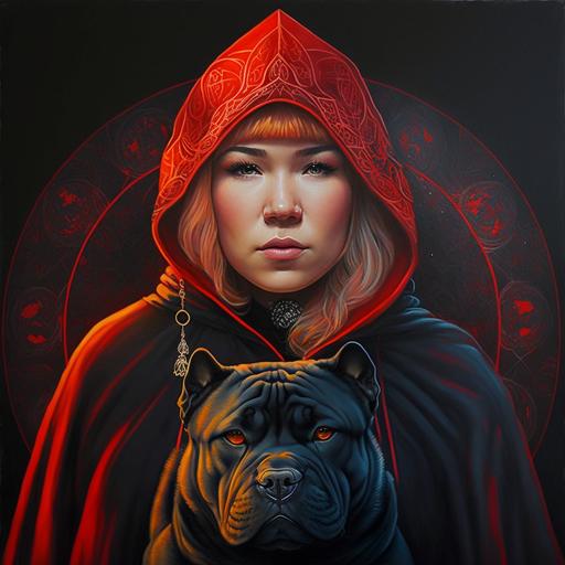 Drawing in color. Konan girl from Akatsuki in a Tatar skullcap with a Shar Pei in an Akatsuki cloak. Ultrarealism. Special attention to the faces. Black cloaks with red akatsuki clouds