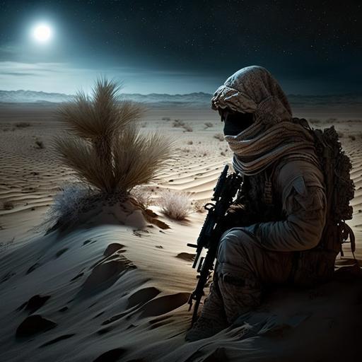 in dark winter night , a sniper who lost in the desert
