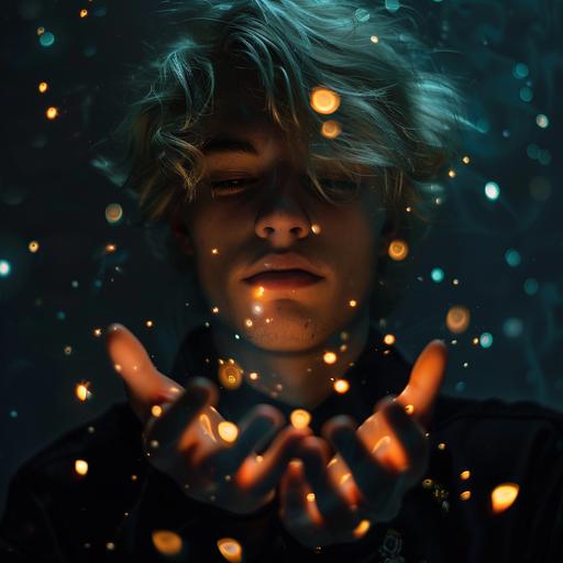 in darkness a young blonde man in lofi style with light streaming with small glowing orbs from their hands --v 6.0