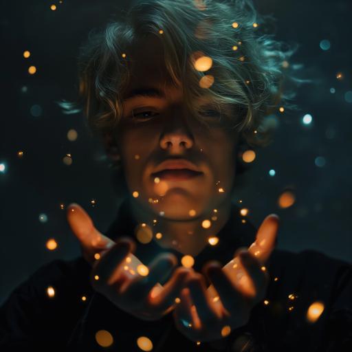 in darkness a young blonde man in lofi style with light streaming with small glowing orbs from their hands --v 6.0