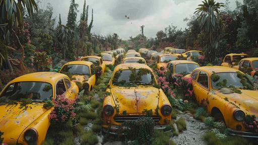 in dendrobium garden some cars gathered in a line under a large white sky, in the style of filthy sculptures, bold, colorful portraits, prairiecore, recycled material murals, gesture driven, iconic rock and roll imagery, rough clusters --ar 16:9 --s 250 --v 6.0