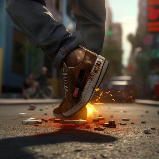 in focus shot of a character person's leg and shoe stomping on a walkman cd player smashing it, sidewalk cinematic scene, unreal engine, photo realistic, movie scene, daytime lighting