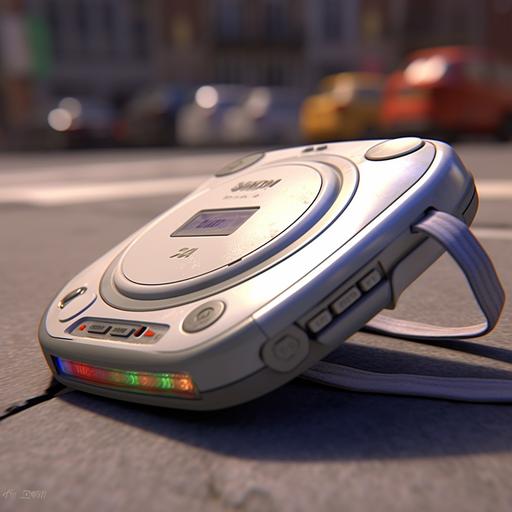 , in focus shot of a character person's leg and tennis shoe stepping on a 1990's walkman cd player, sidewalk cinematic scene, unreal engine, photo realistic, movie scene, daytime lighting