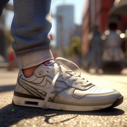 in focus shot of a character person's leg and tennis shoe stepping on a 1990's walkman cd player, sidewalk cinematic scene, unreal engine, photo realistic, movie scene, daytime lighting