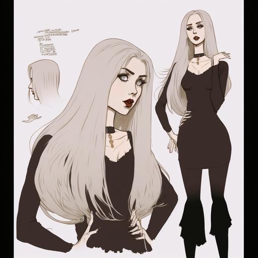 in goth setting, comic style drawing A full-length concept sheet of a character, the grinning vampire girl with a long blond wig with bangs, in a black silk blouse with wide sleeves, a white skirt of medium length, long black boots, several poses on a black background, in John Romita Sr. style, dark fairytale, horror, dark fantasy