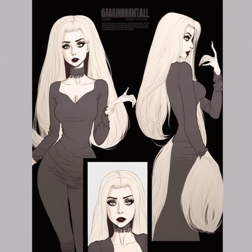 in goth setting, comic style drawing A full-length concept sheet of a character, the grinning vampire girl with a long blond wig with bangs, in a black silk blouse with wide sleeves, a white skirt of medium length, long black boots, several poses on a black background, in John Romita Sr. style, dark fairytale, horror, dark fantasy