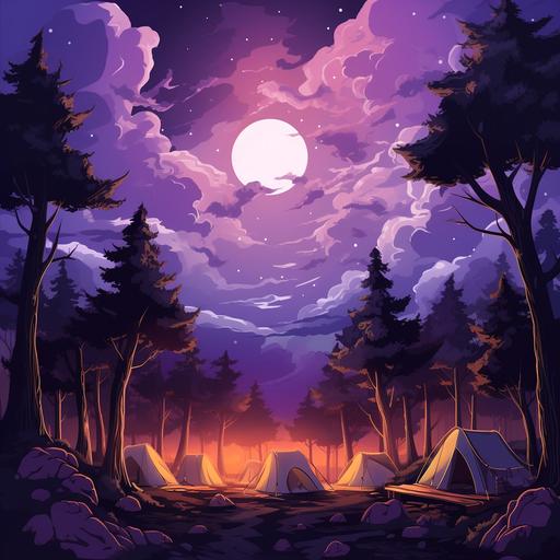 in heaven Purple lights create a strong heavenly atmosphere in a campsite with several tents, a campfire and trees. There is a full moon and clouds in the night sky. 2D cartoon- illustration style