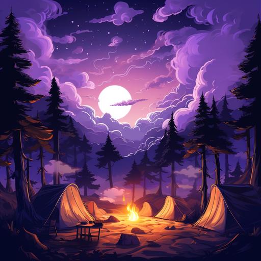 in heaven Purple lights create a strong heavenly atmosphere in a campsite with several tents, a campfire and trees. There is a full moon and clouds in the night sky. 2D cartoon- illustration style