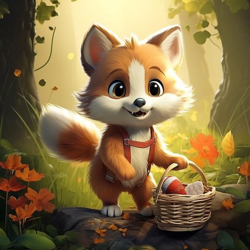 Little fox kitten hedgehog walking in the forest with baskets color bright style children's illustration symbolism --v 5.2 --s 250